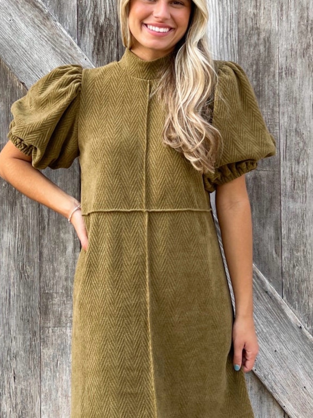 NWT-THML-Olive Puff-Sleeve High-Neck Dress-Med